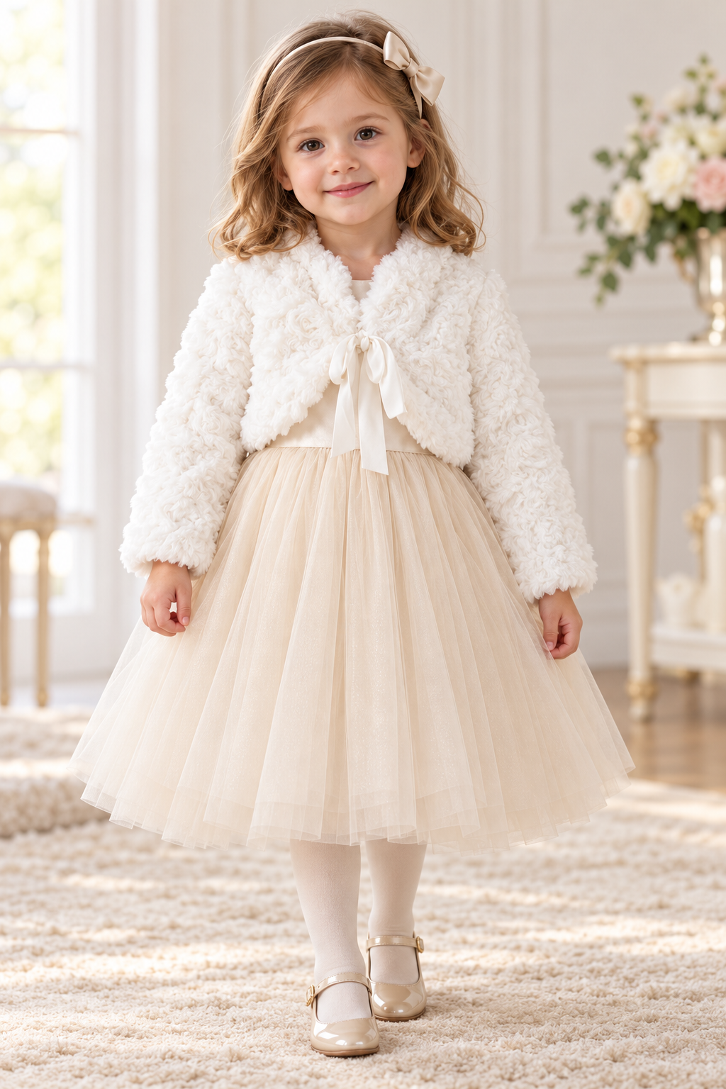 Kuschelige Bolerojacke mit Rosenstruktur in Creme