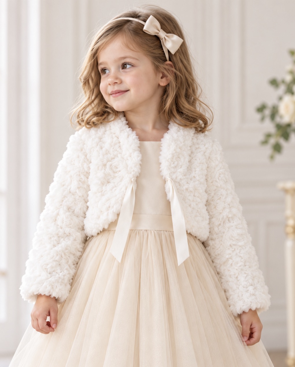 Kuschelige Bolerojacke mit Rosenstruktur in Creme
