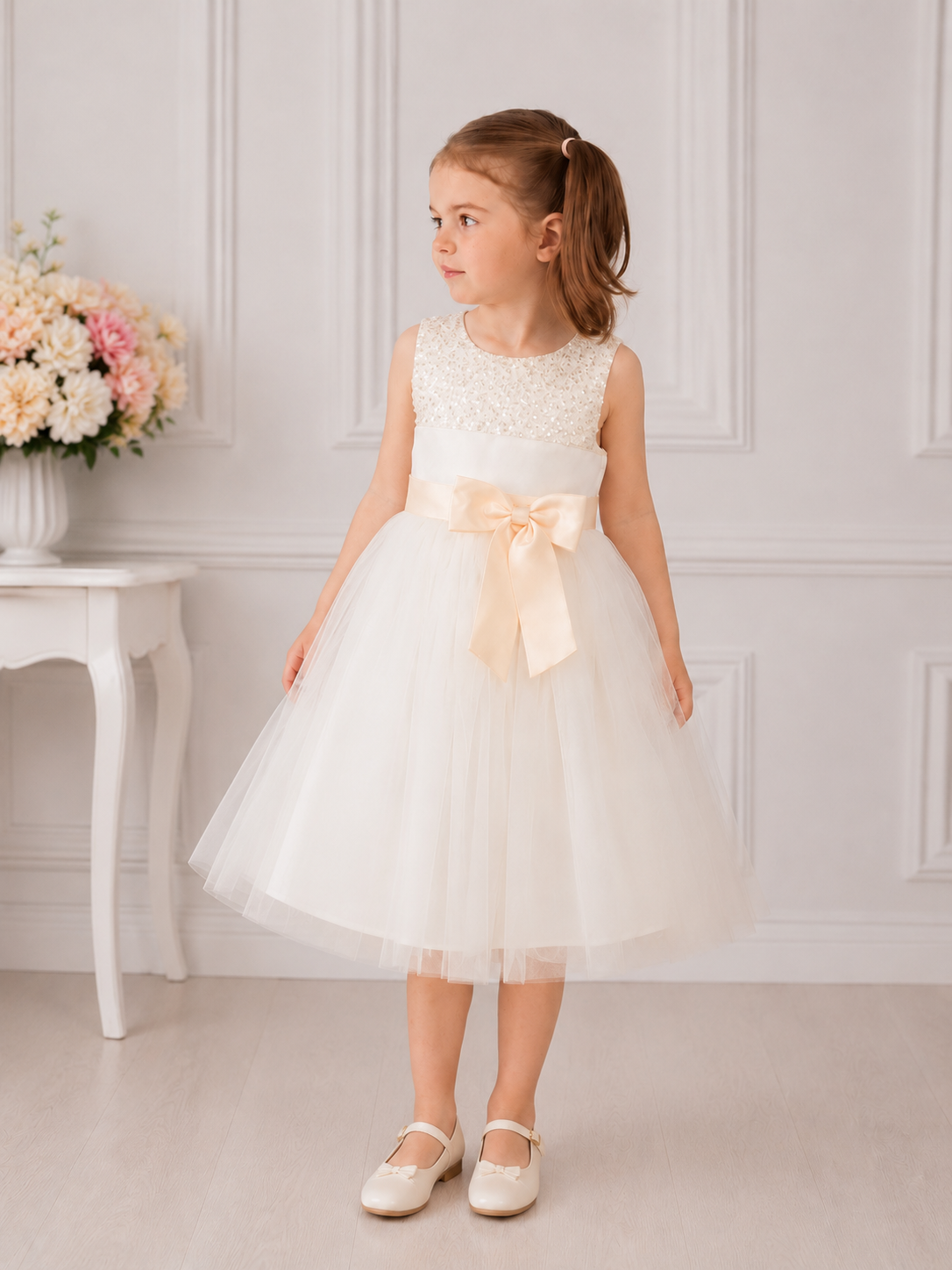 FLORENCE - Elegantes Blumenmädchenkleid in Creme mit Perlenoberteil und Satin-Schleife