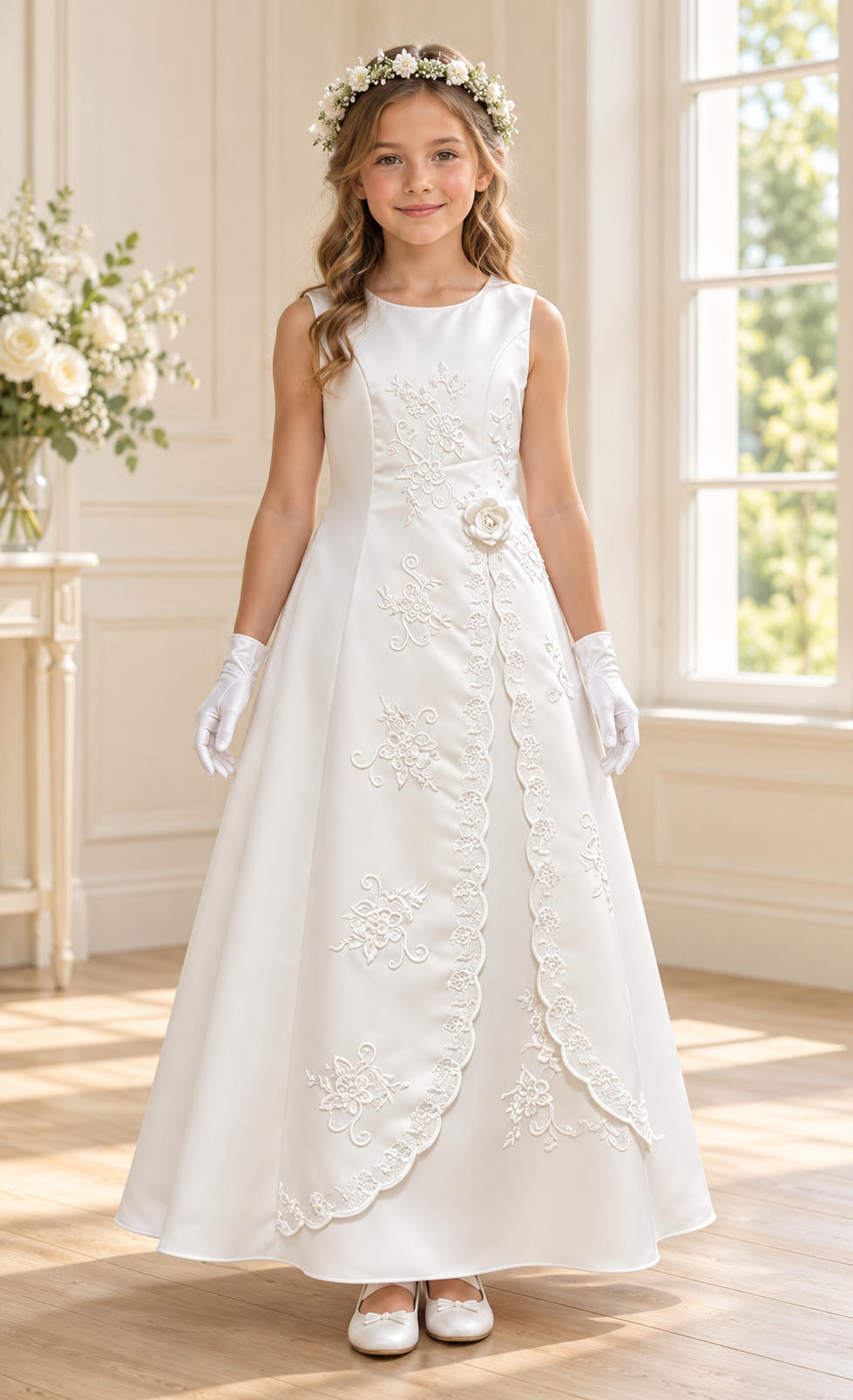 Weißes Kommunionkleid mit Blumenstickerei