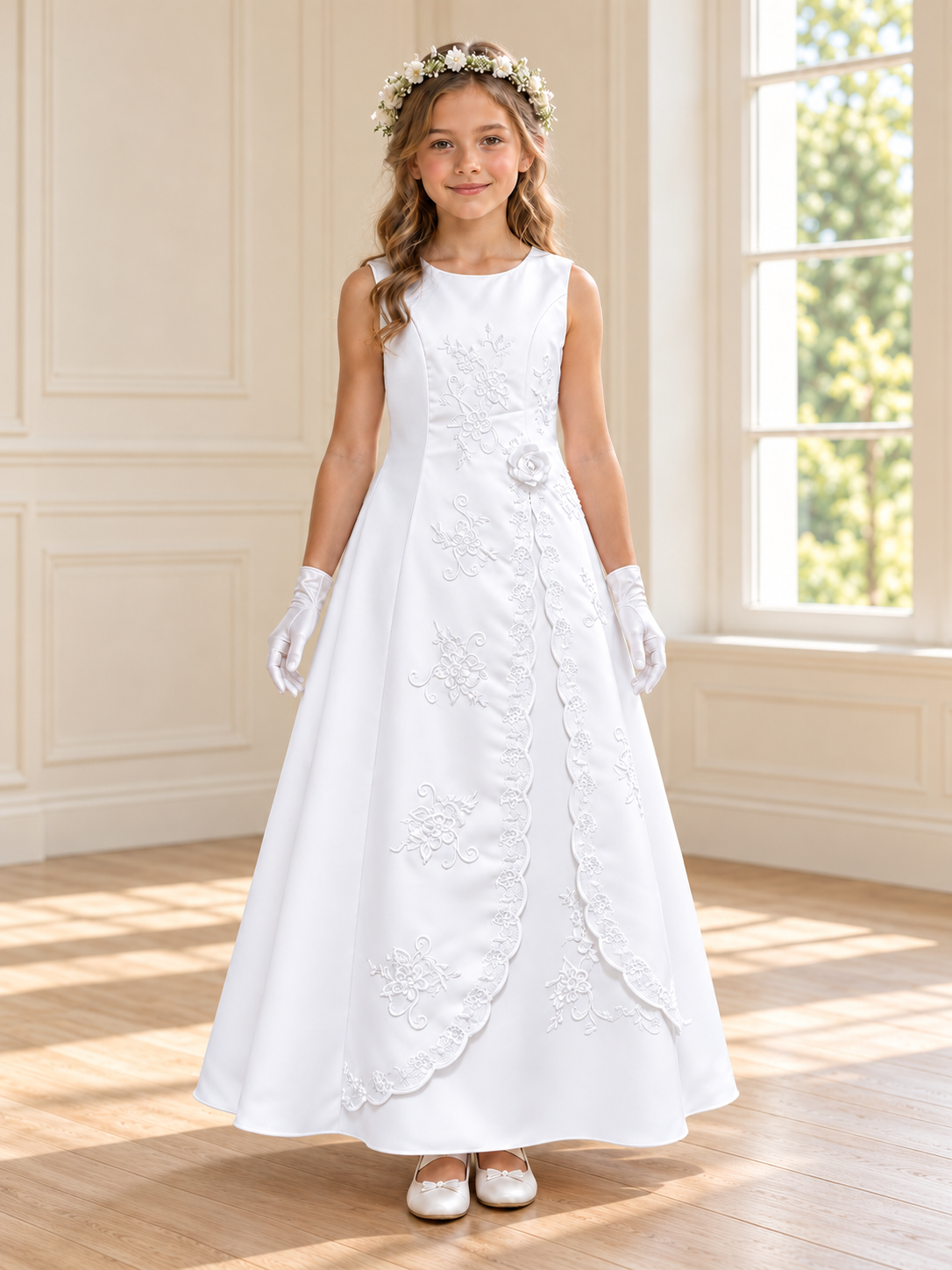 Weißes Kommunionkleid mit Blumenstickerei
